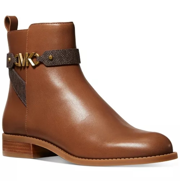 Michael Kors Farrah Flat Leather Ankle Booties Brown Logo Strap Gold Hardware 9 - Picture 1 of 10